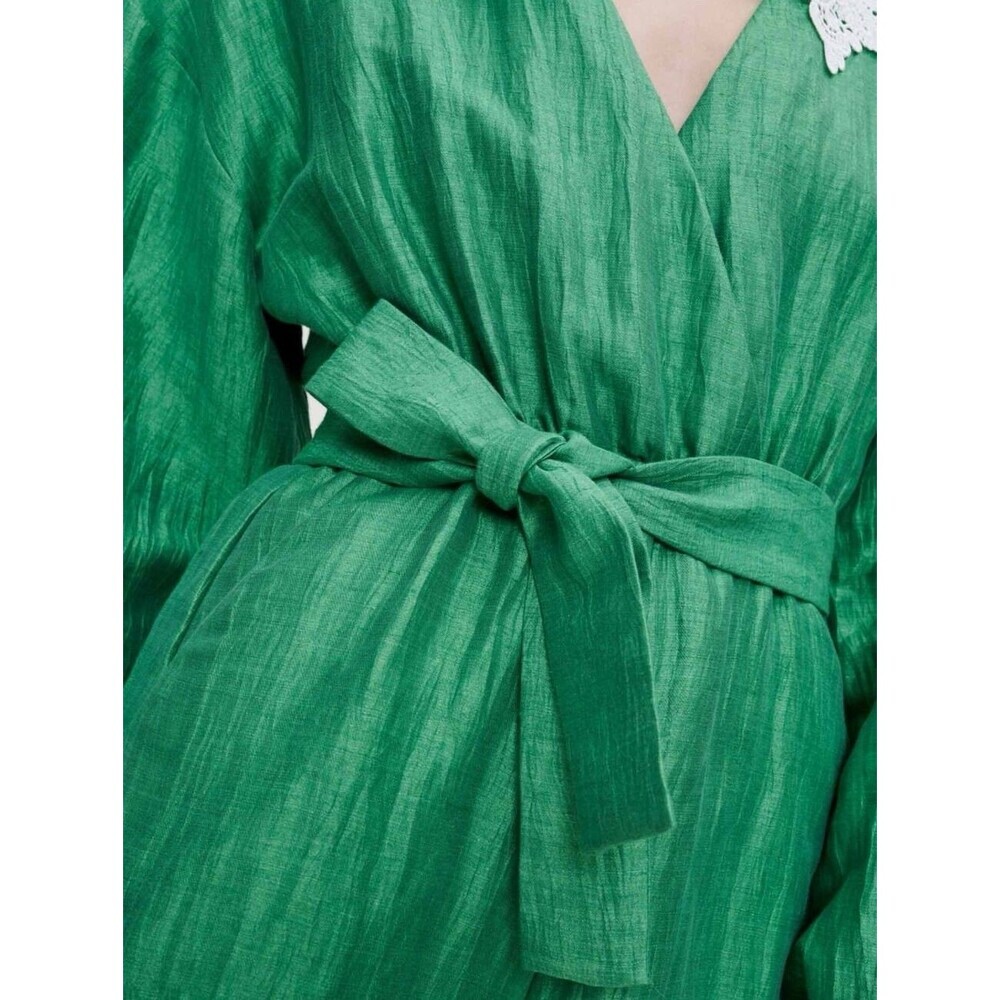 NWT MAJE Women’s‎ Size 40 US 8 LINEN Blend Short Jumpsuit Romper Green Lace - Picture 6 of 16